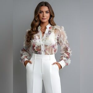 Floral Chiffon Ruffle Sheer Blouse